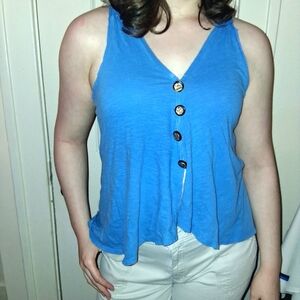 Casual V-Neck Button Front Blue Tank Top